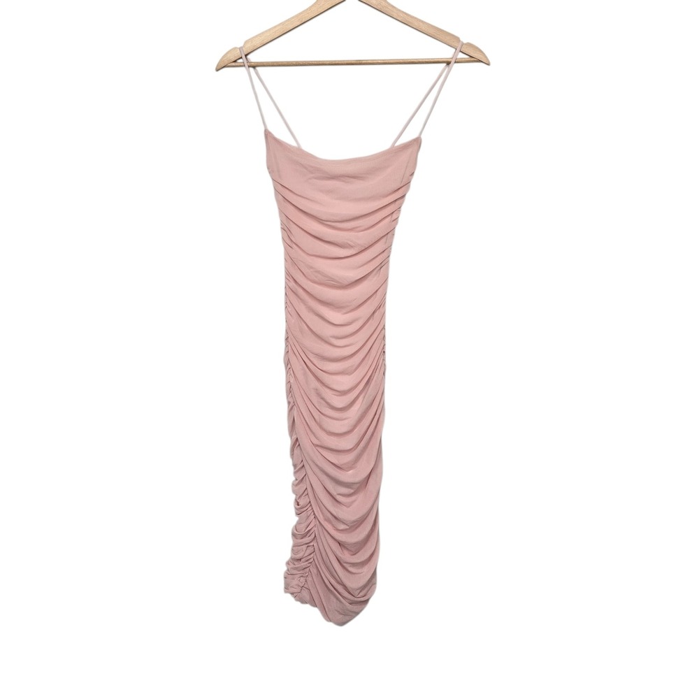 Oh Polly Pink Ruched Mesh Bodycon Mini Dress Cowl Neck Spaghetti Strap Size‎ 0